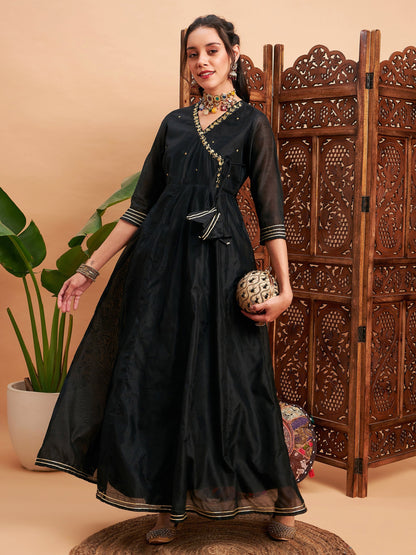 Black Chanderi Embroidered Wrap Anarkali Kurta