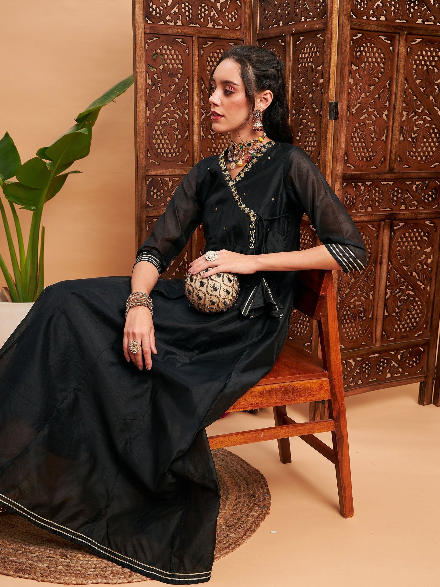 Black Chanderi Embroidered Wrap Anarkali Kurta