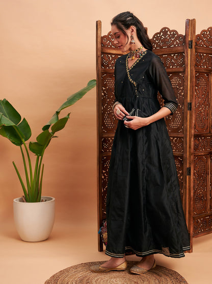 Black Chanderi Embroidered Wrap Anarkali Kurta