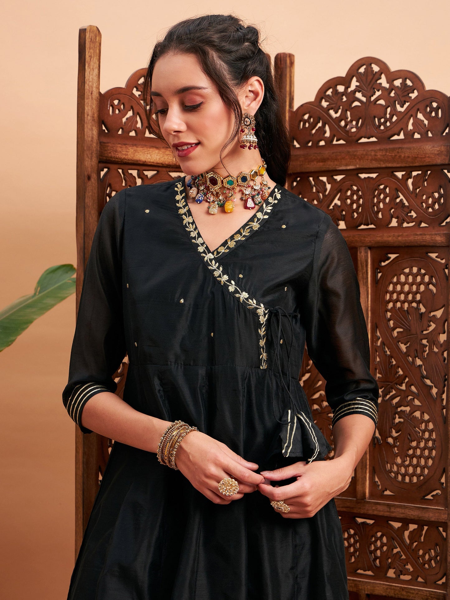 Black Chanderi Embroidered Wrap Anarkali Kurta