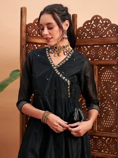 Black Chanderi Embroidered Wrap Anarkali Kurta