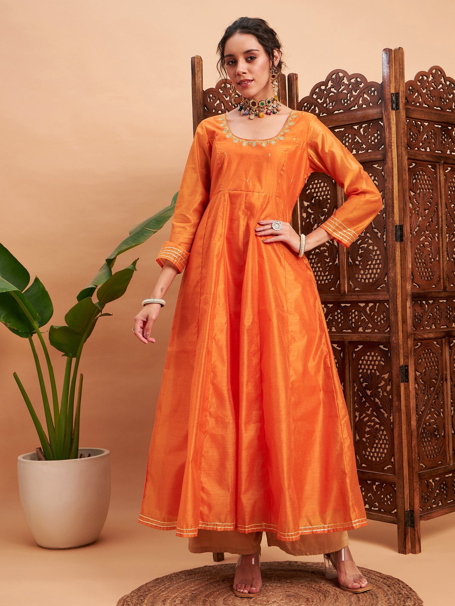 Orange Chanderi Embroidered Anarkali Maxi Kurta