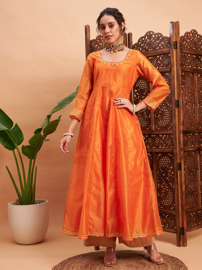 Orange Chanderi Embroidered Anarkali Maxi Kurta