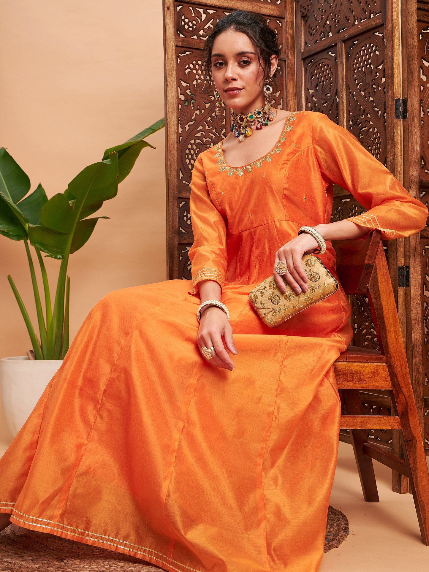 Orange Chanderi Embroidered Anarkali Maxi Kurta