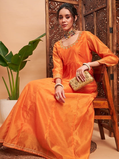 Orange Chanderi Embroidered Anarkali Maxi Kurta