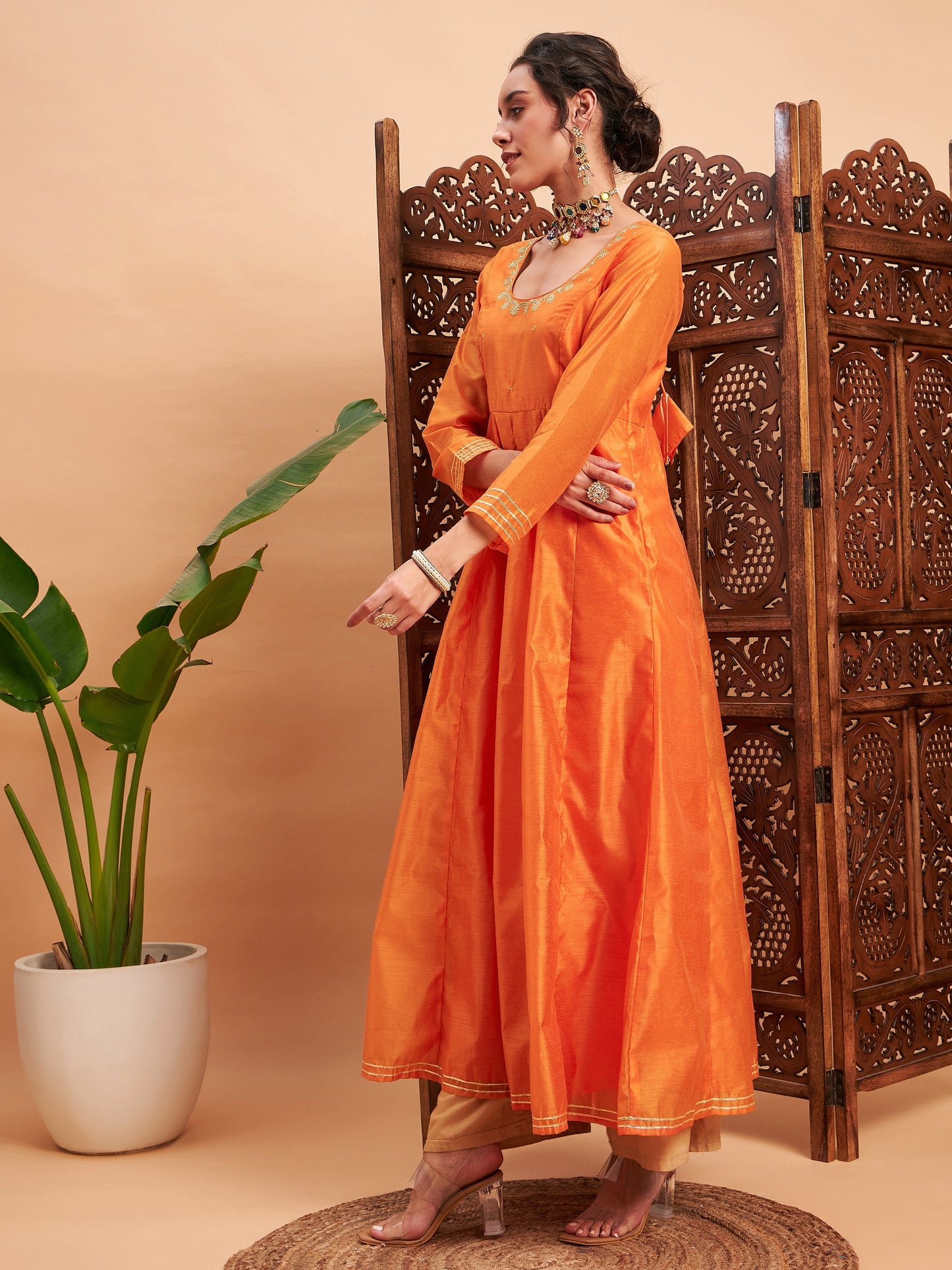 Orange Chanderi Embroidered Anarkali Maxi Kurta