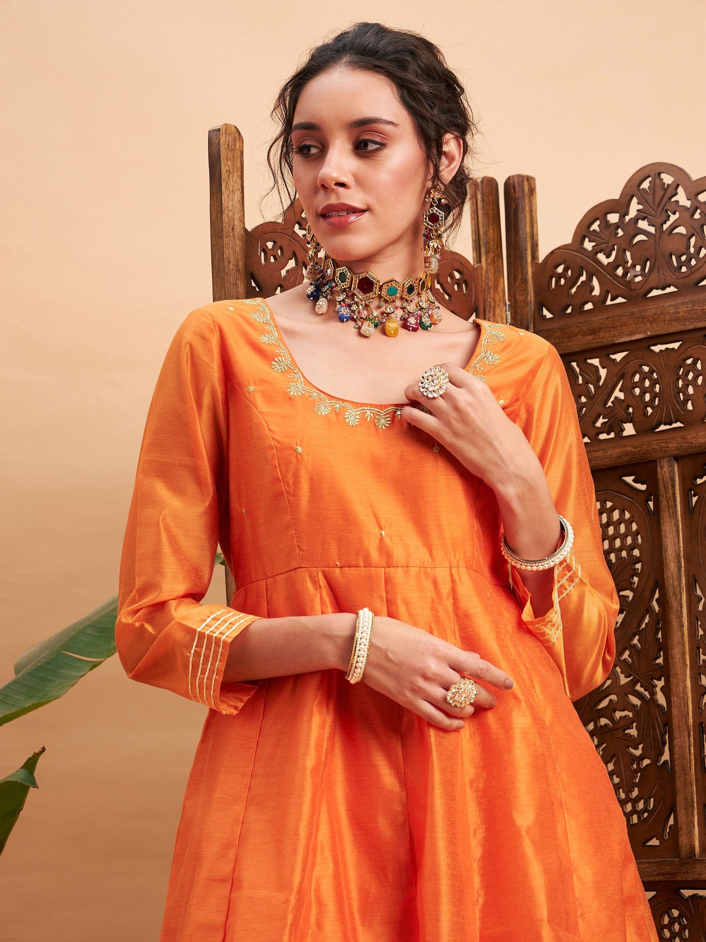 Orange Chanderi Embroidered Anarkali Maxi Kurta