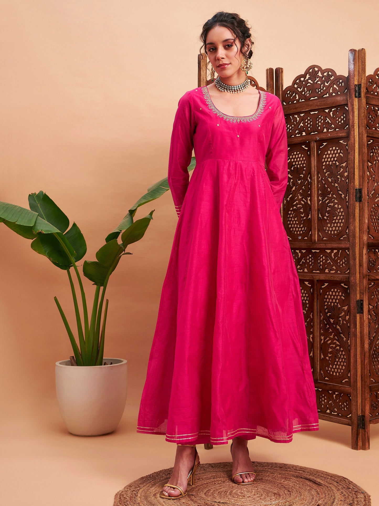 Fuchsia Chanderi Embroidered Anarkali Maxi Kurta