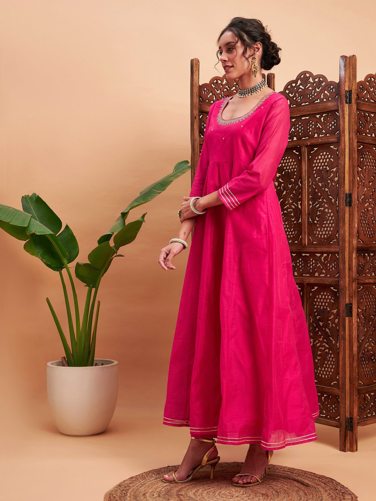 Fuchsia Chanderi Embroidered Anarkali Maxi Kurta