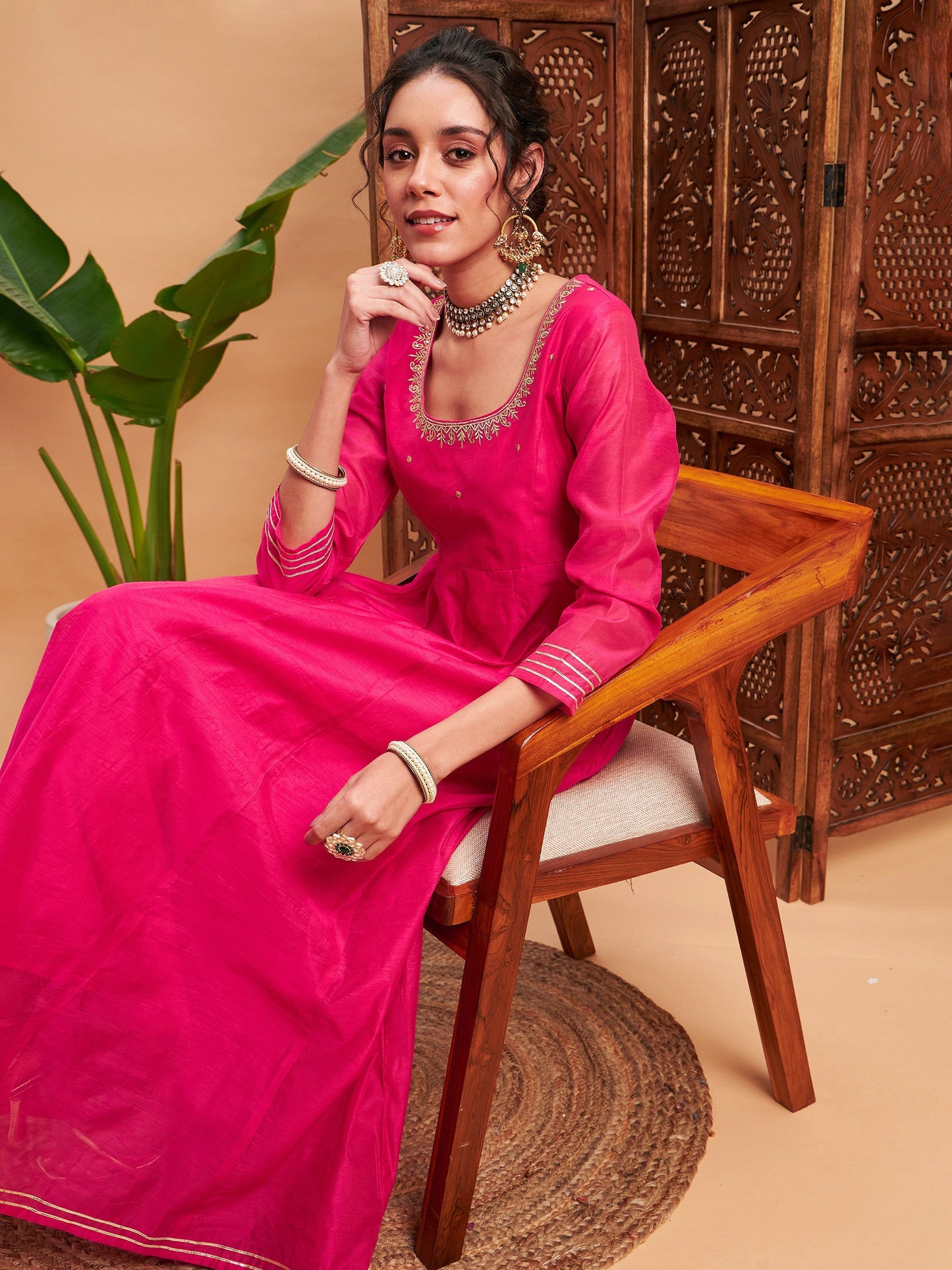 Fuchsia Chanderi Embroidered Anarkali Maxi Kurta