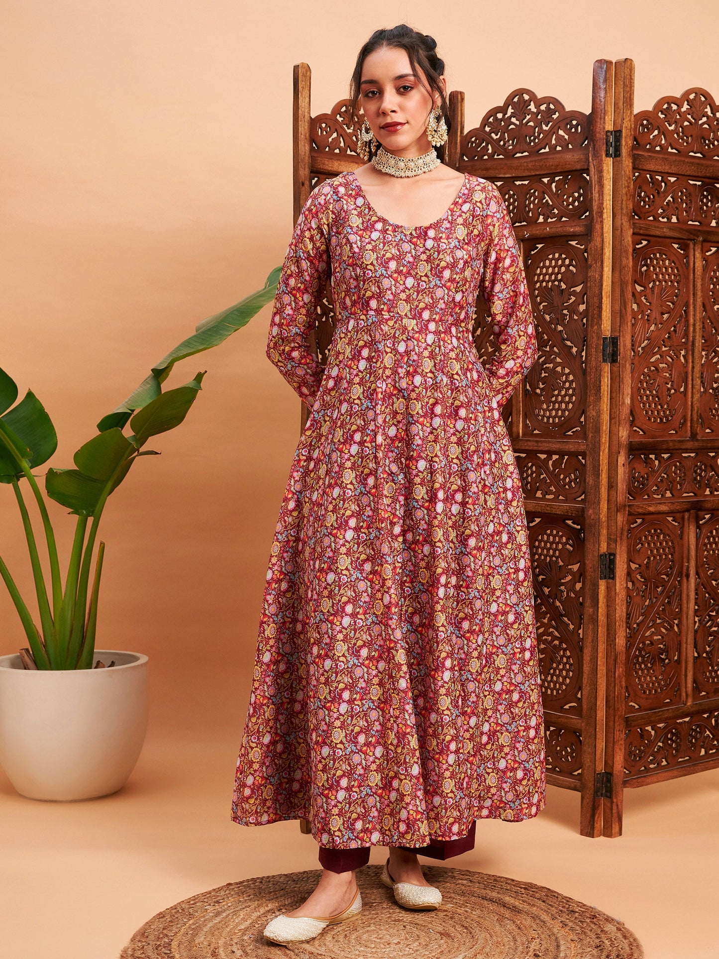 Maroon Chanderi Floral Anarkali Maxi Kurta