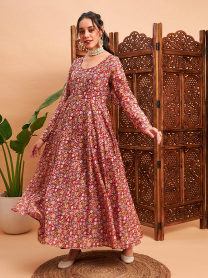 Maroon Chanderi Floral Anarkali Maxi Kurta