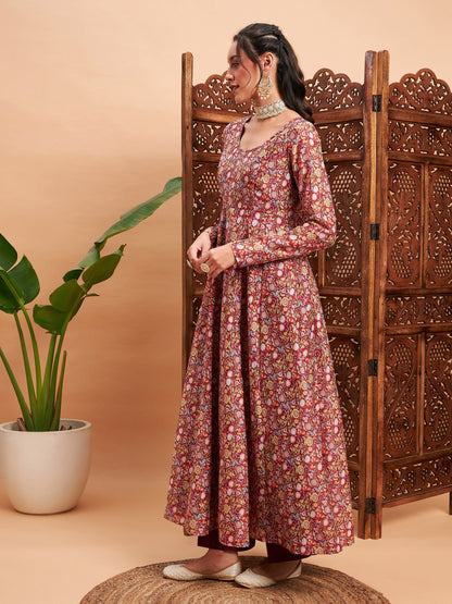 Maroon Chanderi Floral Anarkali Maxi Kurta