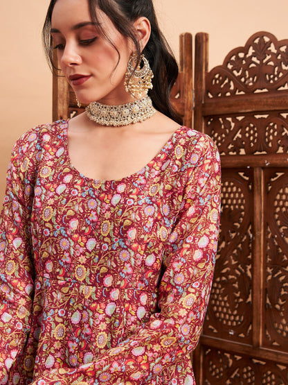 Maroon Chanderi Floral Anarkali Maxi Kurta