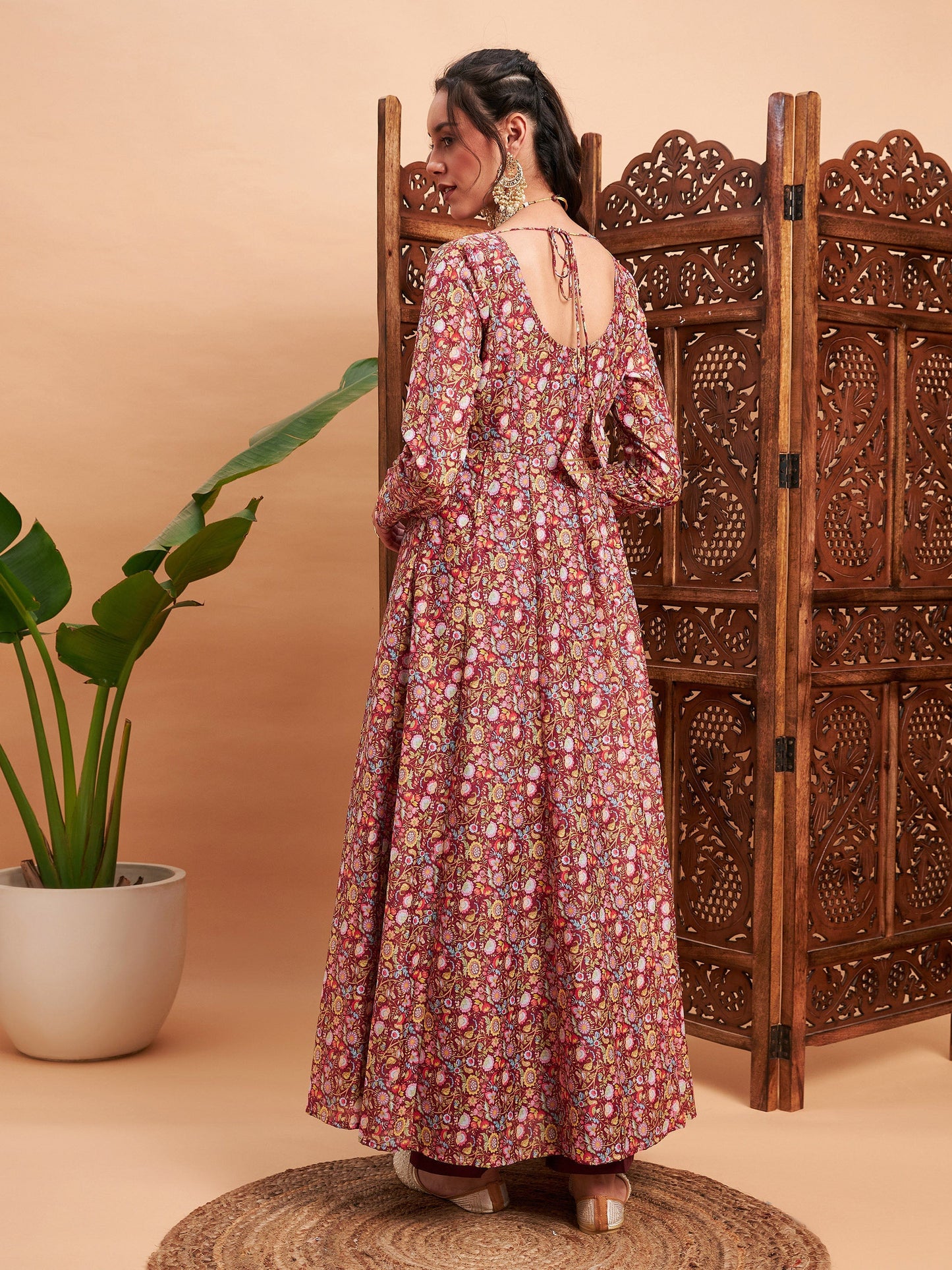 Maroon Chanderi Floral Anarkali Maxi Kurta