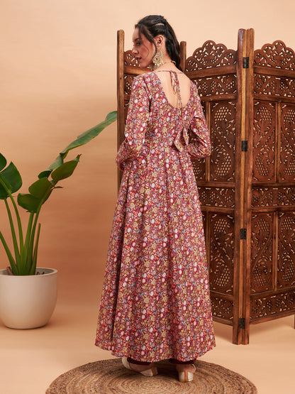 Maroon Chanderi Floral Anarkali Maxi Kurta