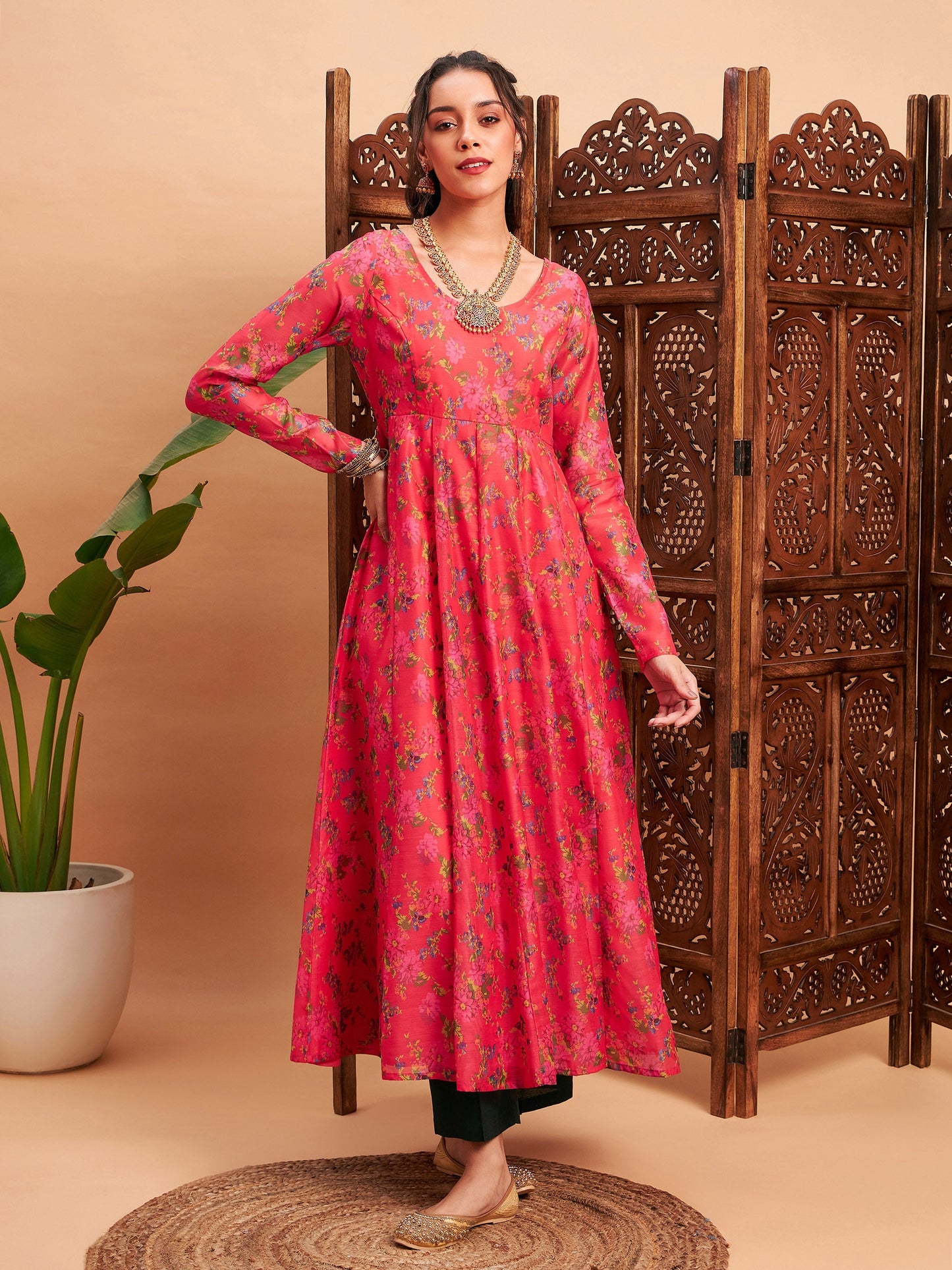 Pink Floral Chanderi Anarkali Maxi Kurta