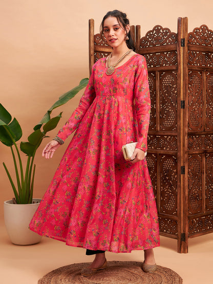 Pink Floral Chanderi Anarkali Maxi Kurta
