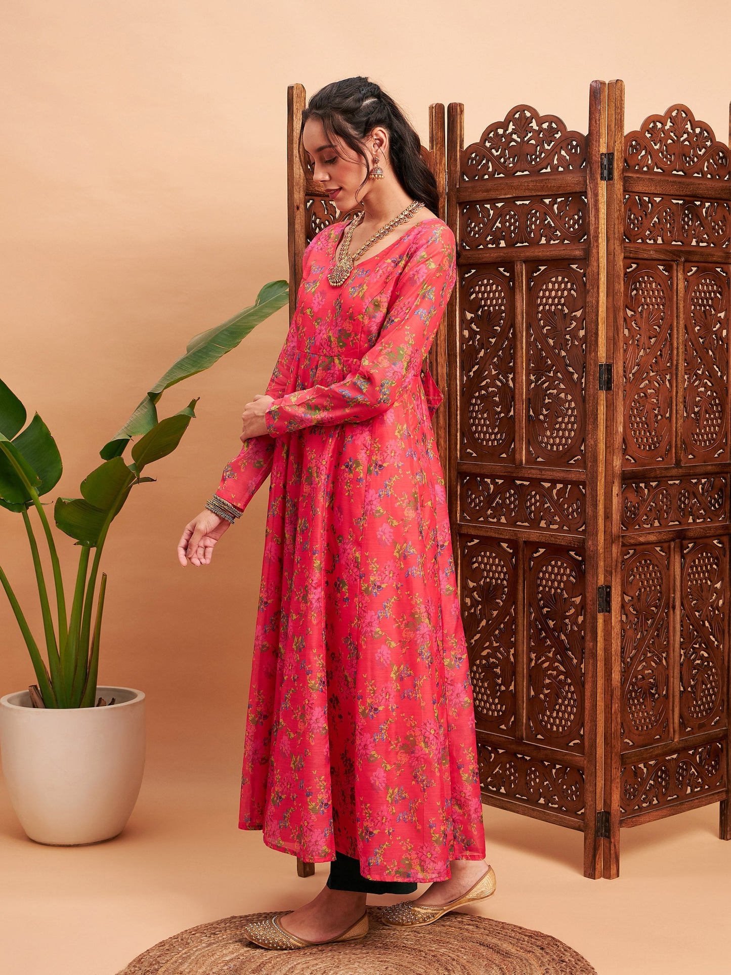 Pink Floral Chanderi Anarkali Maxi Kurta