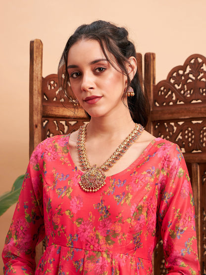 Pink Floral Chanderi Anarkali Maxi Kurta