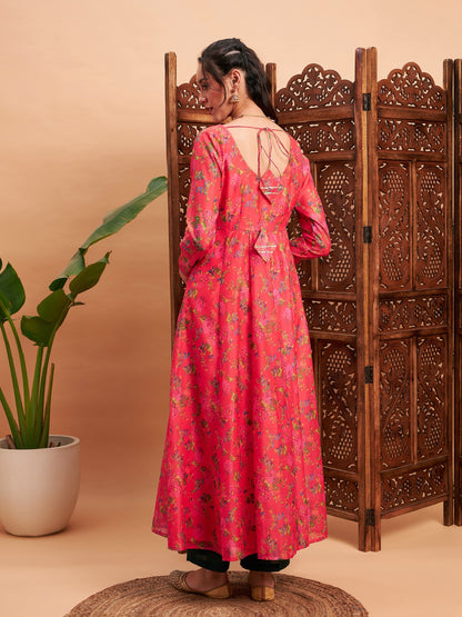 Pink Floral Chanderi Anarkali Maxi Kurta