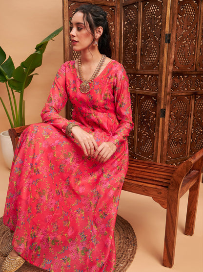 Pink Floral Chanderi Anarkali Maxi Kurta