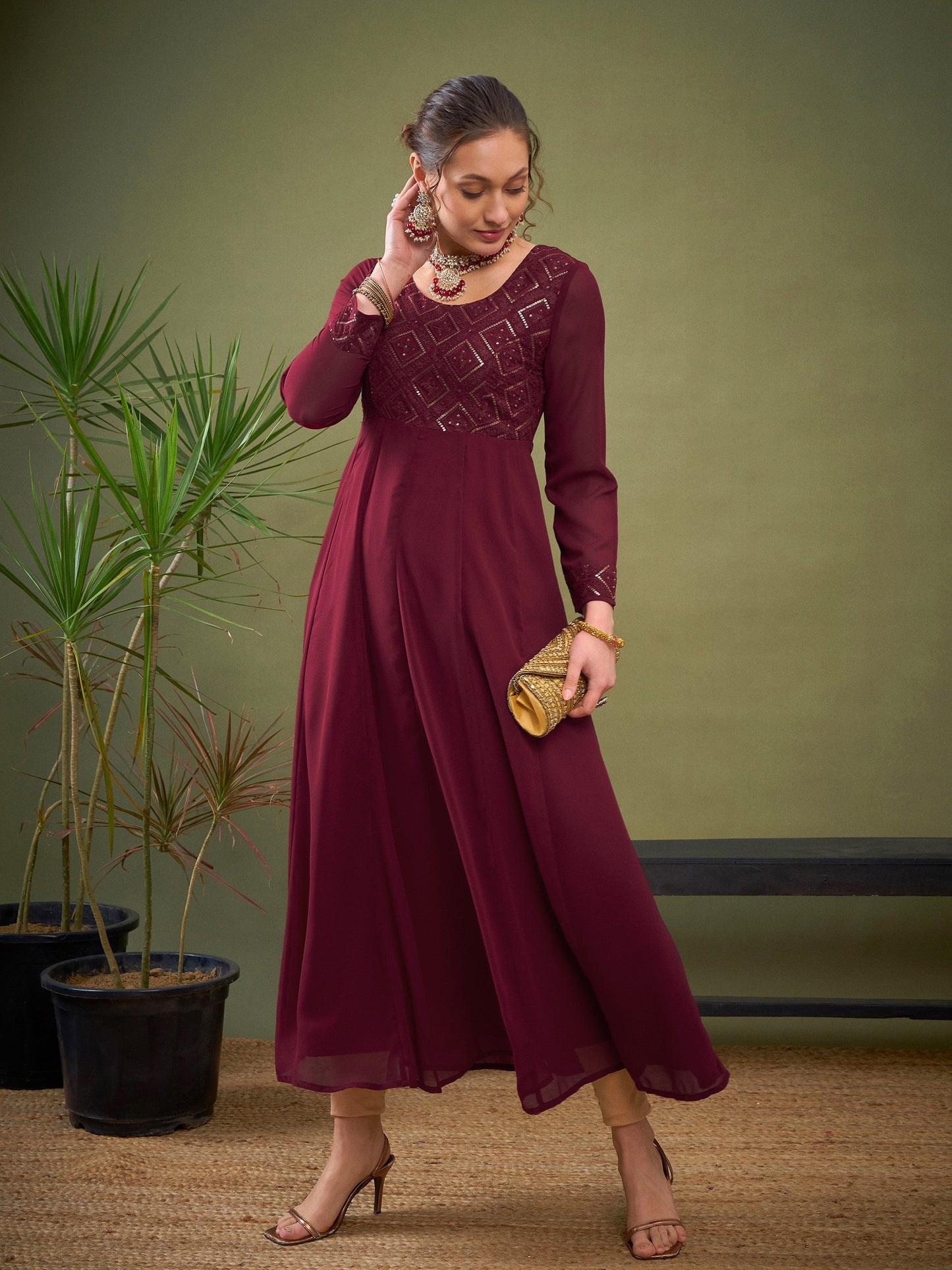 Maroon Embroidered Anarkali Maxi Kurta