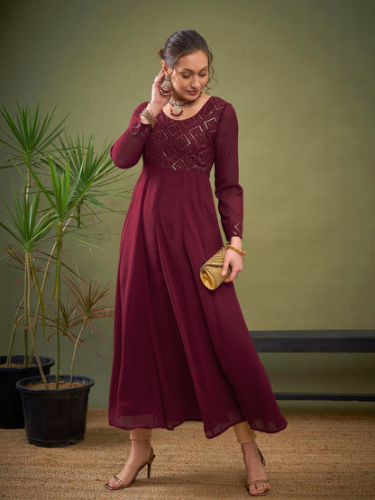 Maroon Embroidered Anarkali Maxi Kurta