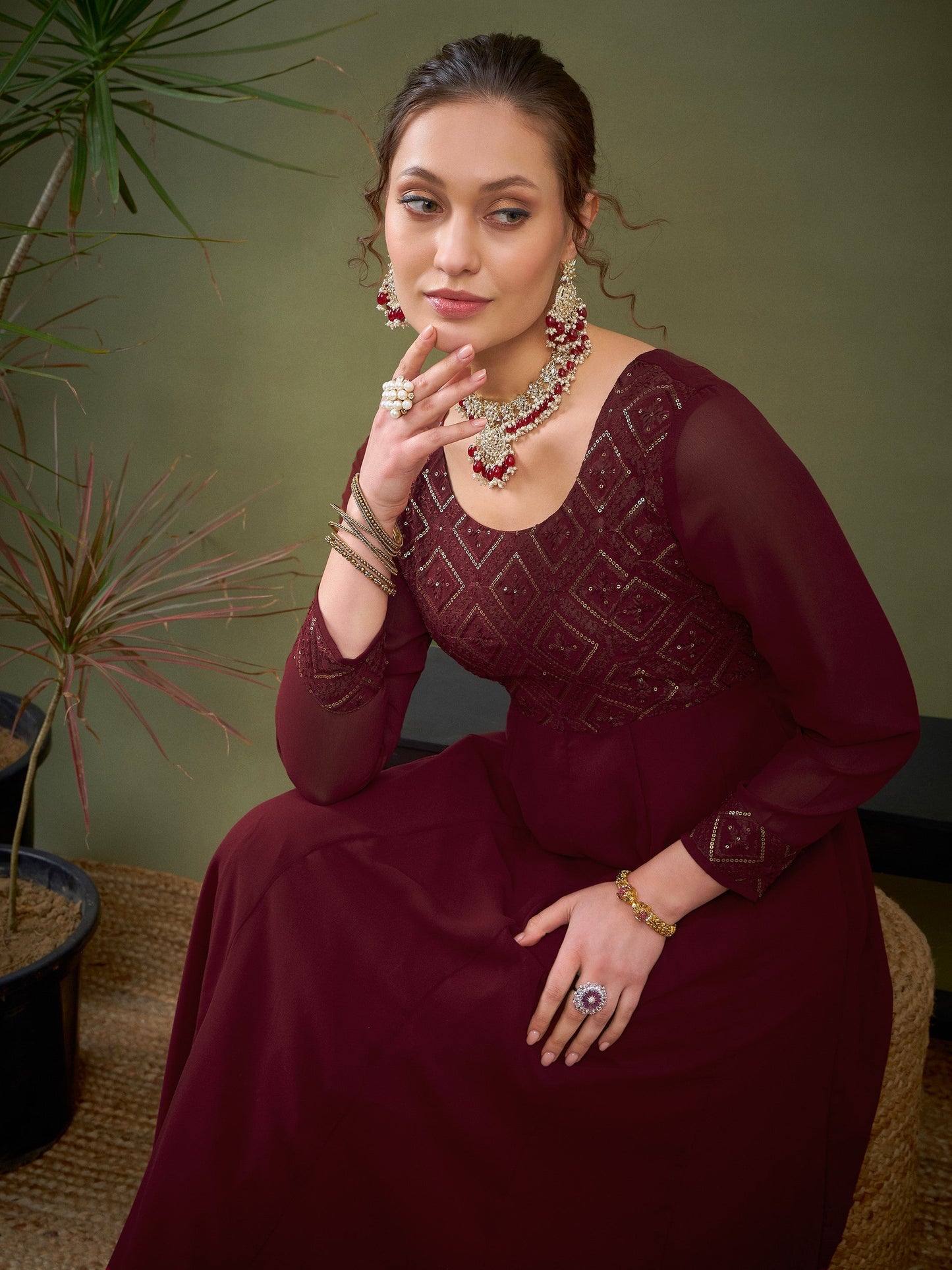 Maroon Embroidered Anarkali Maxi Kurta