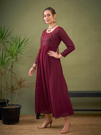 Maroon Embroidered Anarkali Maxi Kurta