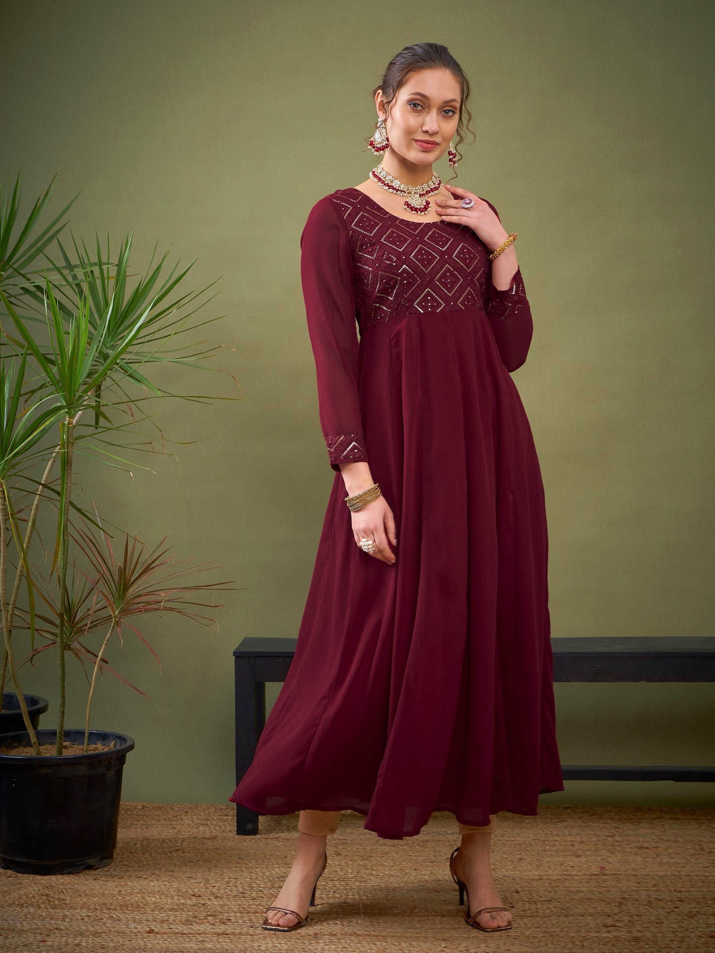 Maroon Embroidered Anarkali Maxi Kurta