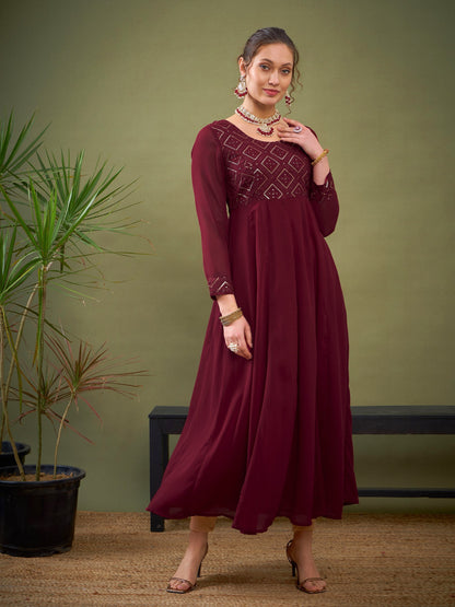 Maroon Embroidered Anarkali Maxi Kurta