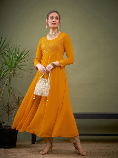 Mustard Embroidered Anarkali Maxi Kurta