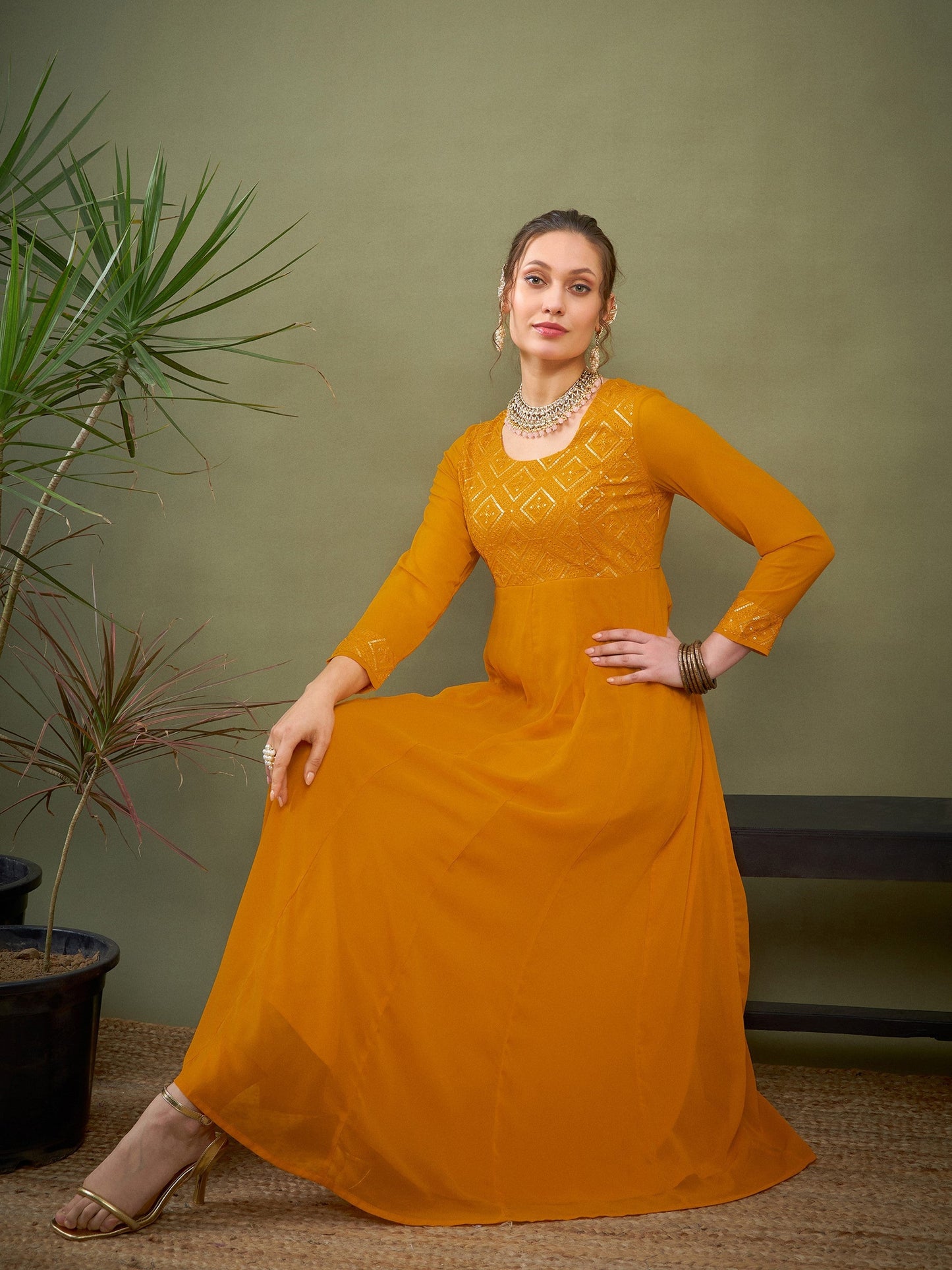 Mustard Embroidered Anarkali Maxi Kurta