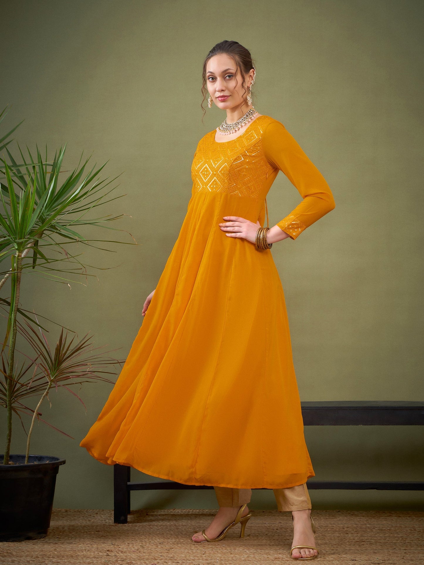 Mustard Embroidered Anarkali Maxi Kurta