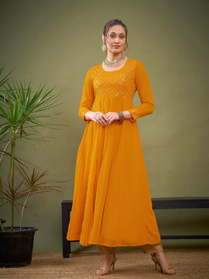Mustard Embroidered Anarkali Maxi Kurta