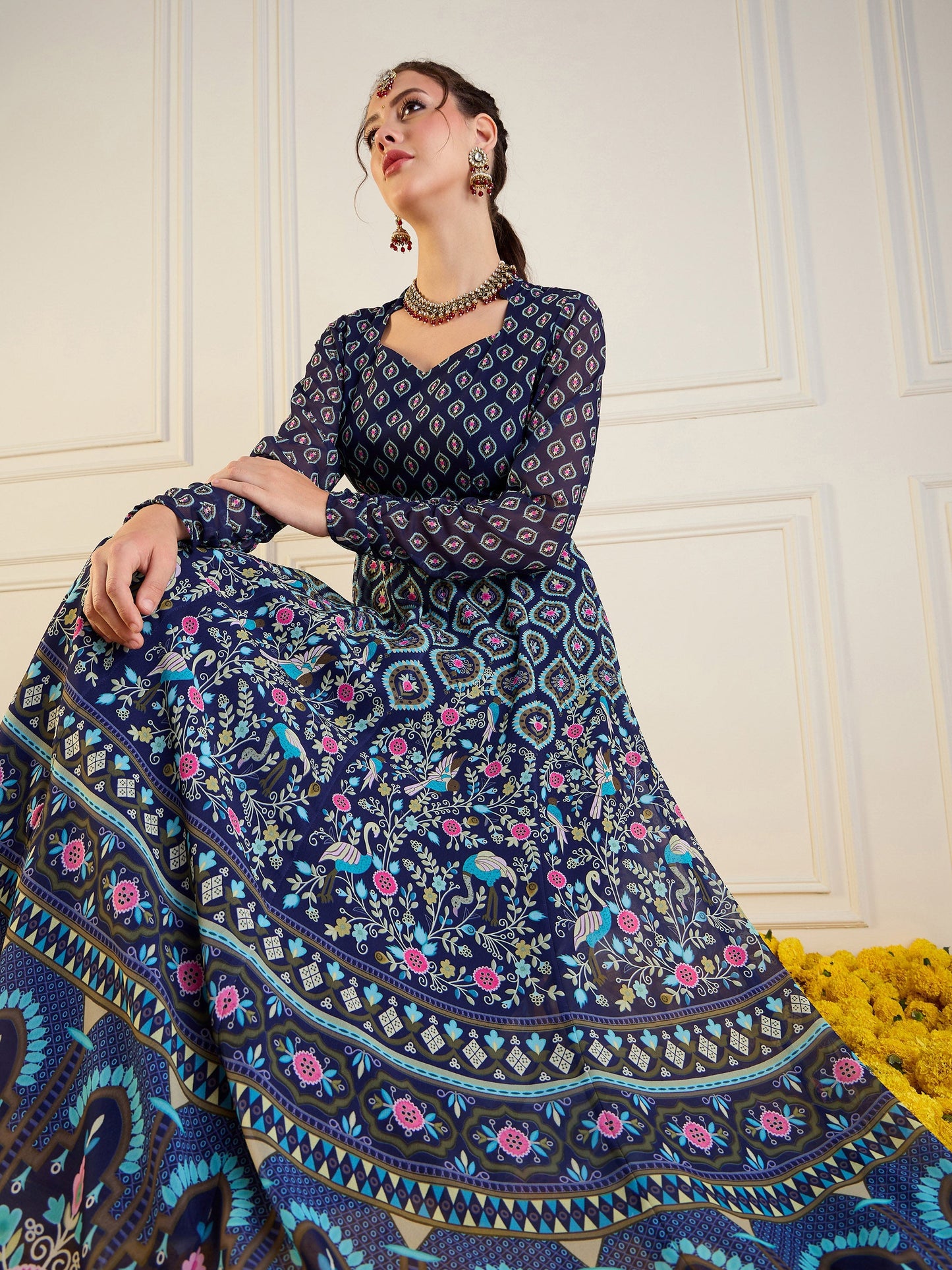 Navy Floral Sweetheart Neck Anarkali Kurta