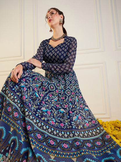 Navy Floral Sweetheart Neck Anarkali Kurta