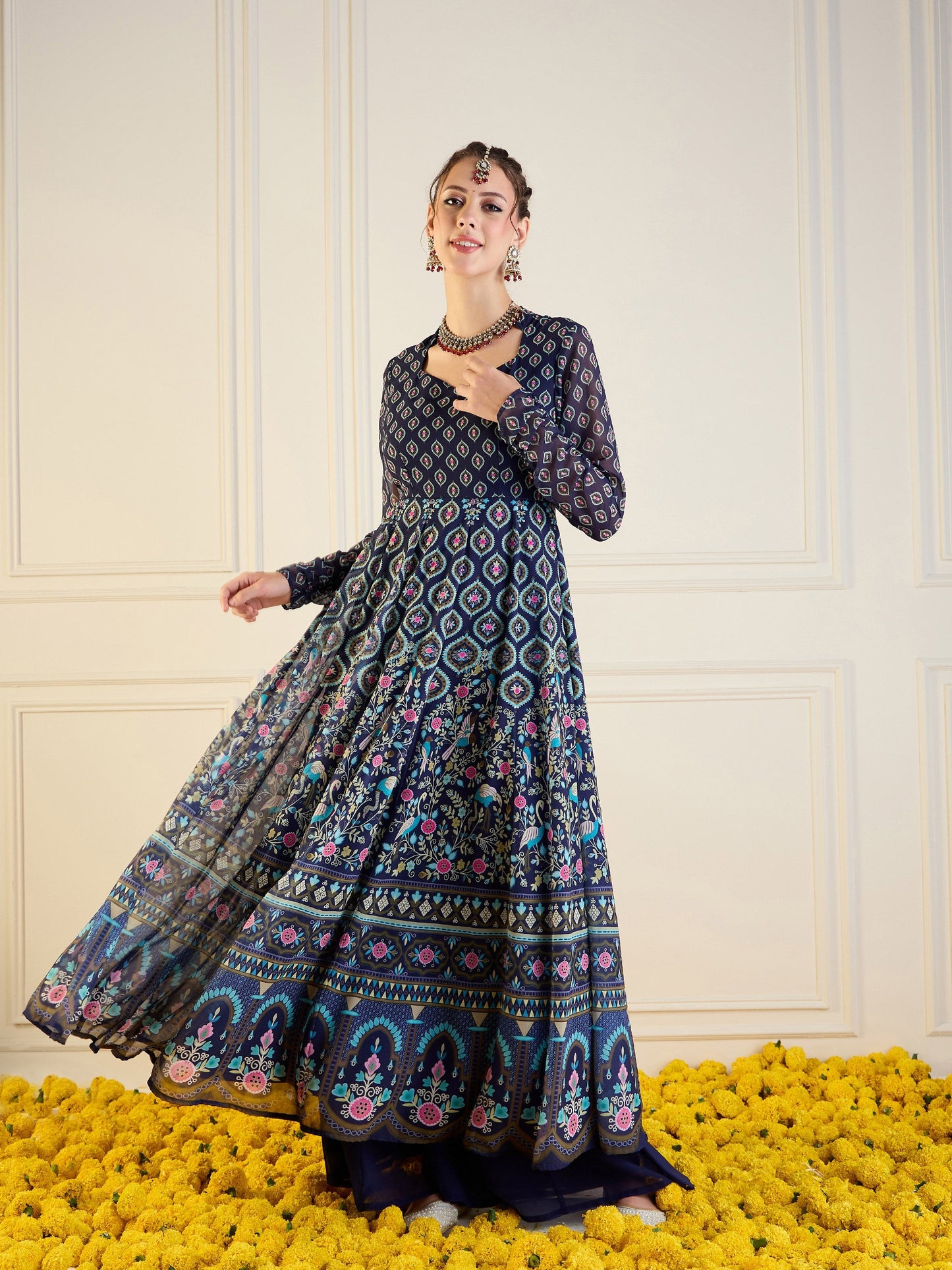 Navy Floral Sweetheart Neck Anarkali Kurta