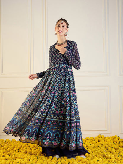 Navy Floral Sweetheart Neck Anarkali Kurta