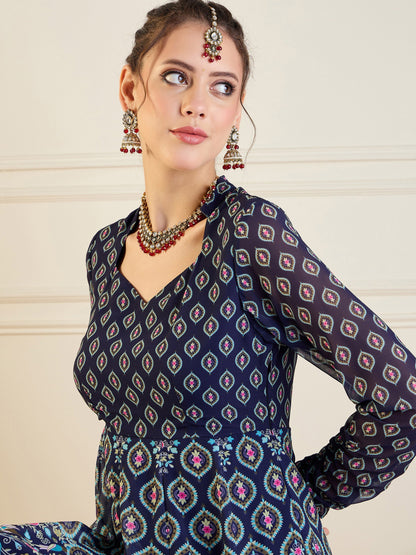 Navy Floral Sweetheart Neck Anarkali Kurta