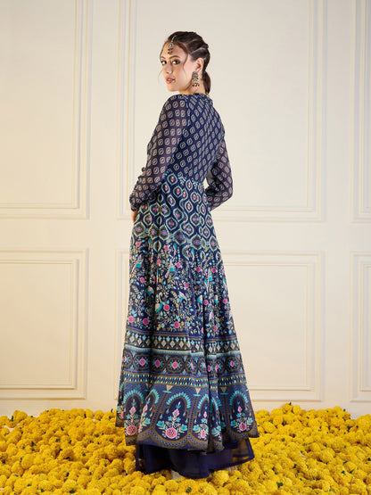 Navy Floral Sweetheart Neck Anarkali Kurta