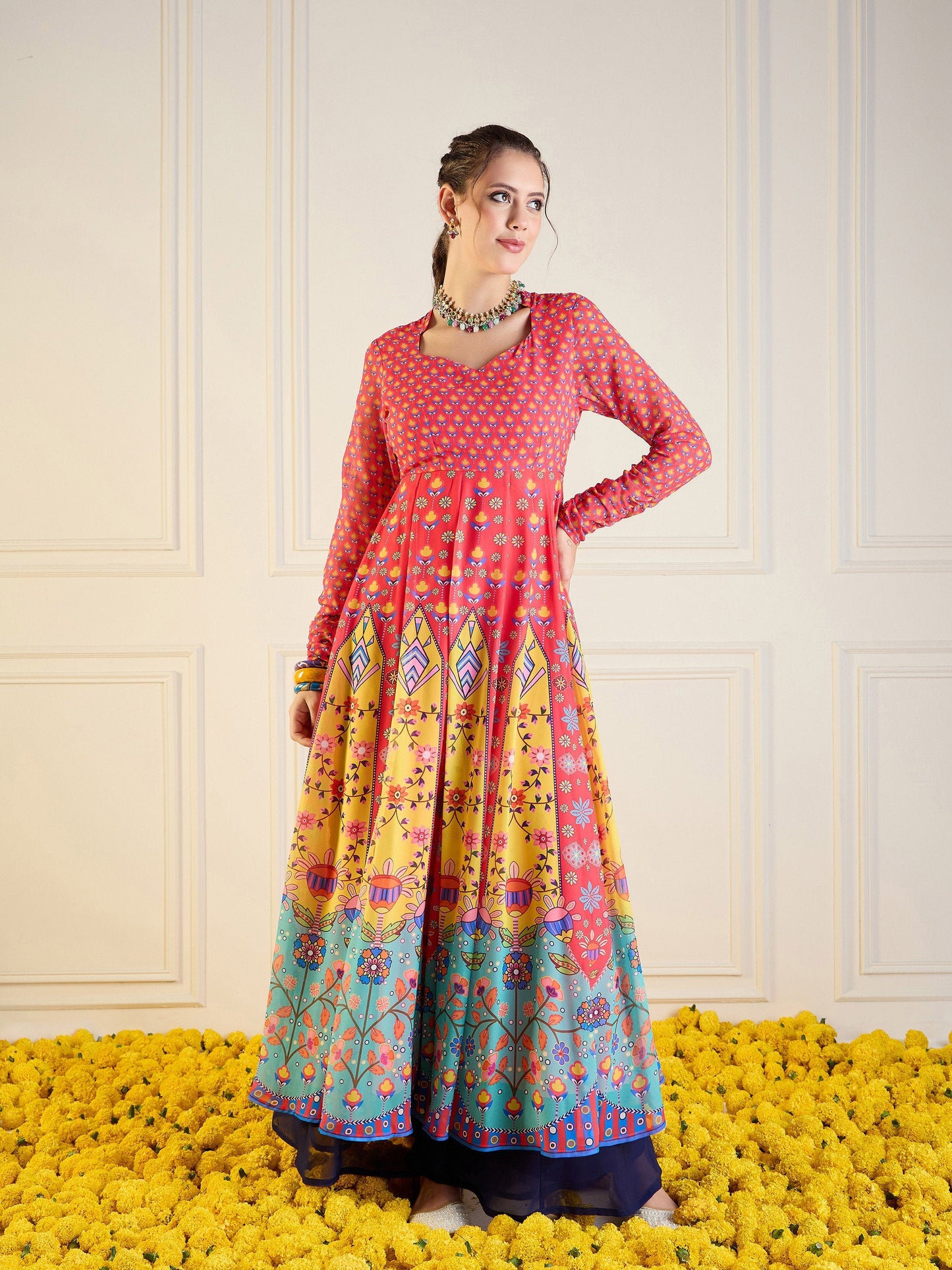 Red & Yellow Floral Sweetheart Neck Anarkali Kurta