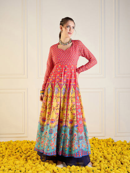 Red & Yellow Floral Sweetheart Neck Anarkali Kurta