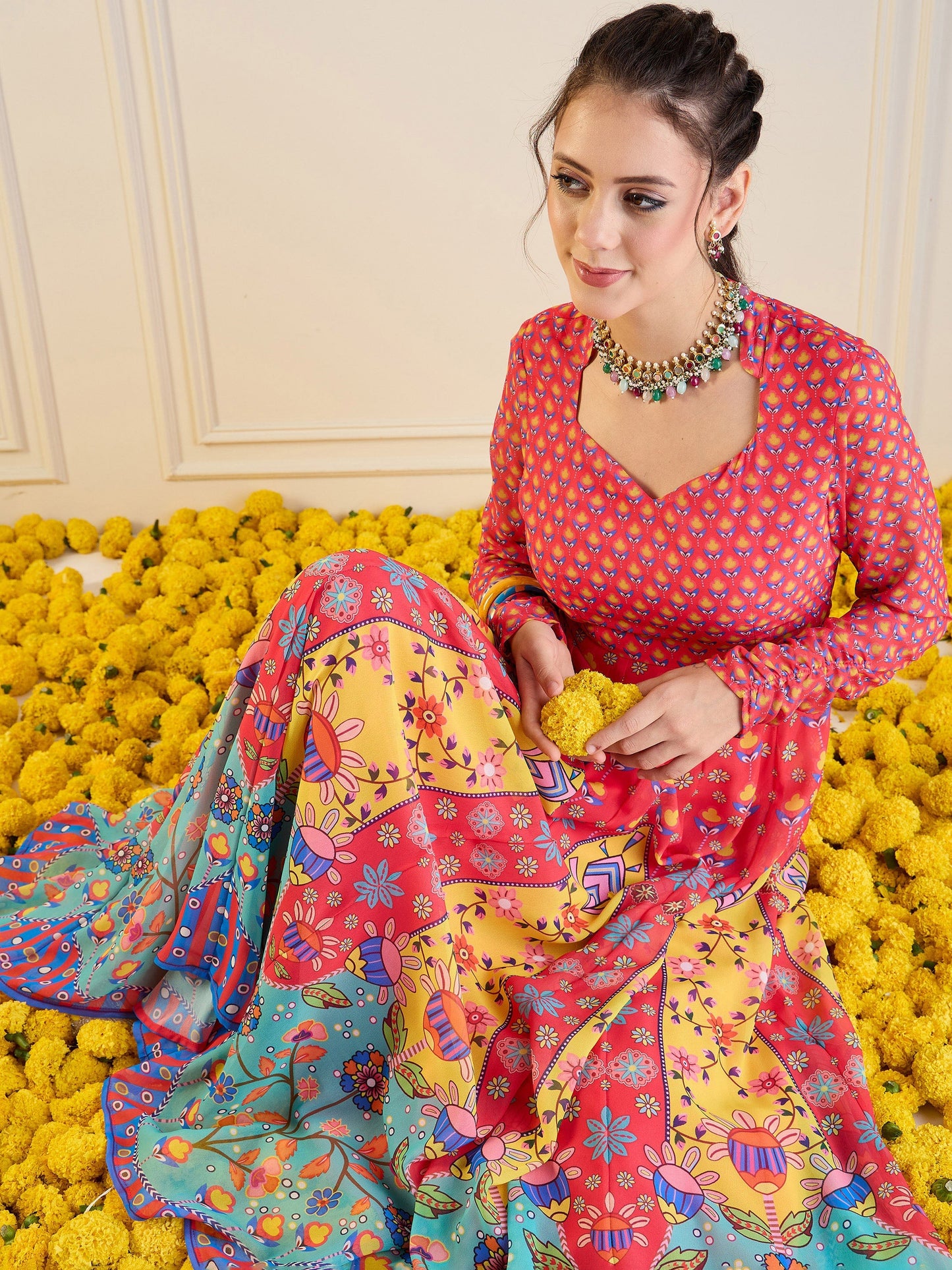 Red & Yellow Floral Sweetheart Neck Anarkali Kurta