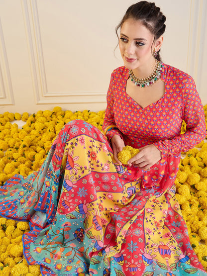 Red & Yellow Floral Sweetheart Neck Anarkali Kurta