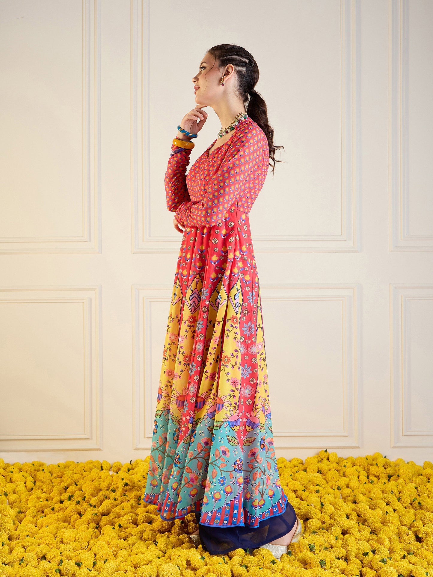 Red & Yellow Floral Sweetheart Neck Anarkali Kurta