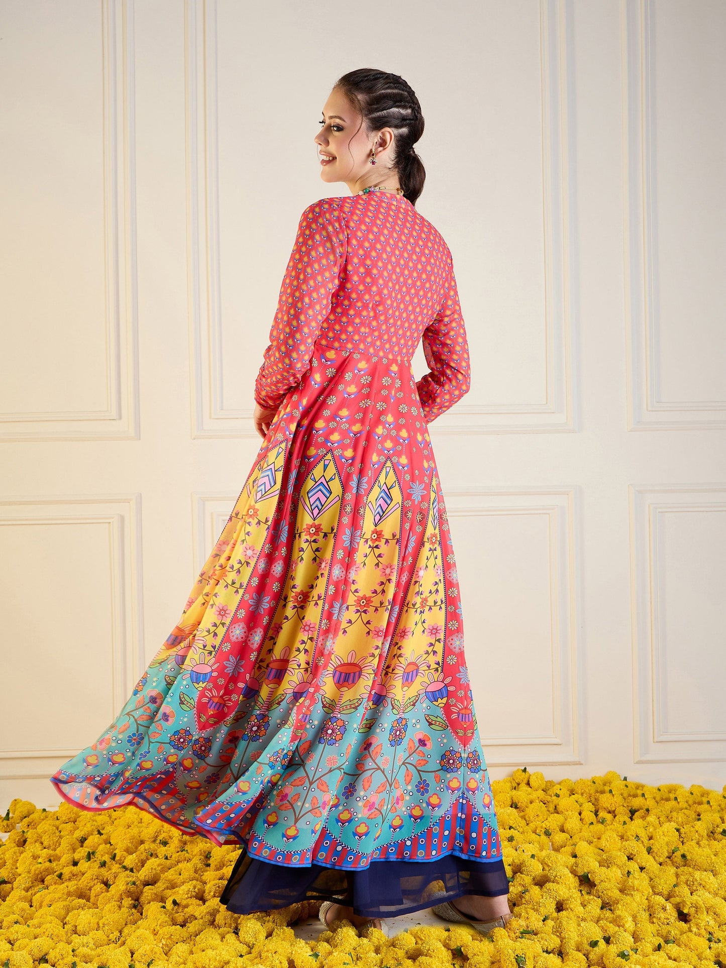 Red & Yellow Floral Sweetheart Neck Anarkali Kurta