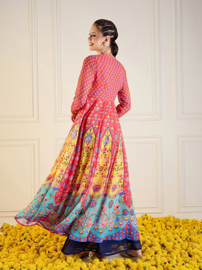 Red & Yellow Floral Sweetheart Neck Anarkali Kurta