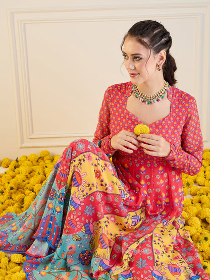 Red & Yellow Floral Sweetheart Neck Anarkali Kurta